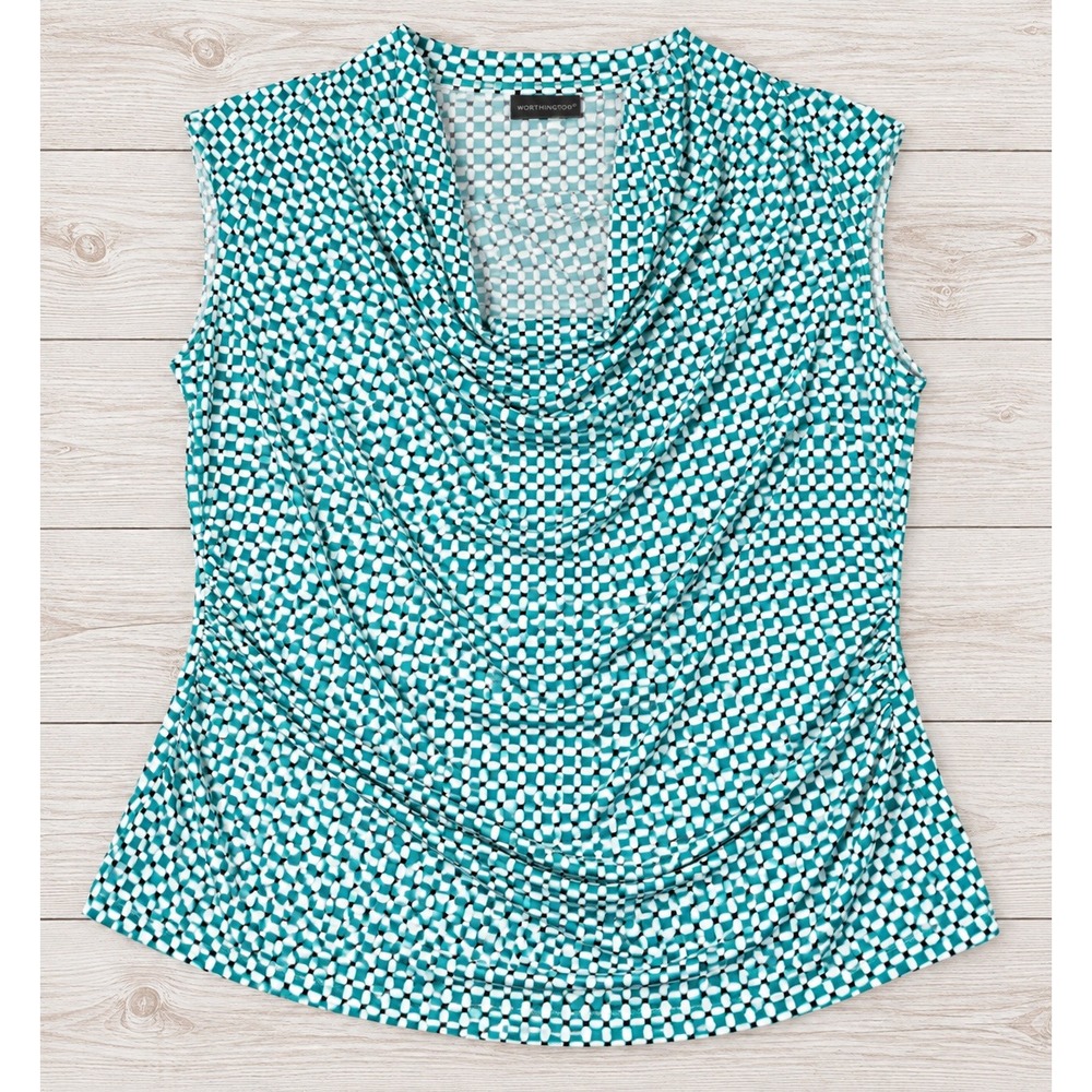 Worthington Sleeveless Blouse Cowl Neck Stretch Geometric Ruched Teal White XL